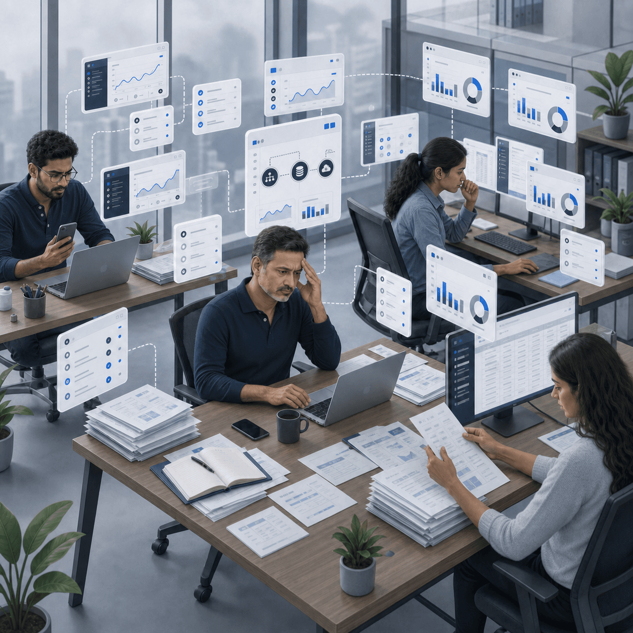 Overworked Indian merchant and employees switching between fragmented systems, devices, and reports