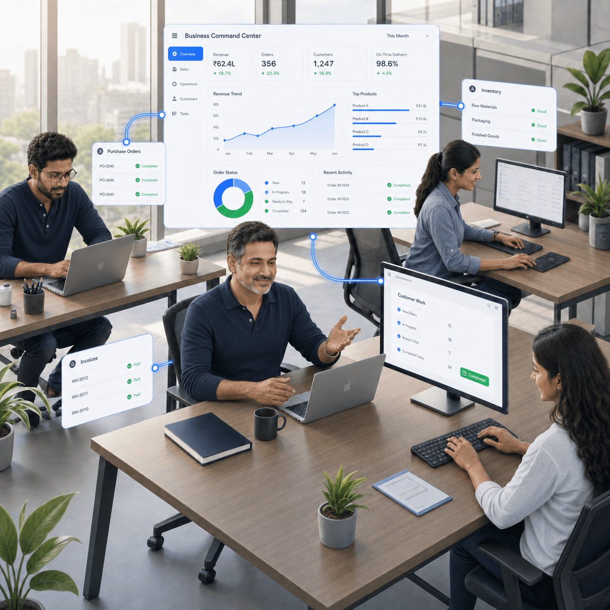 The same merchant and team working calmly after their business systems are organized and connected